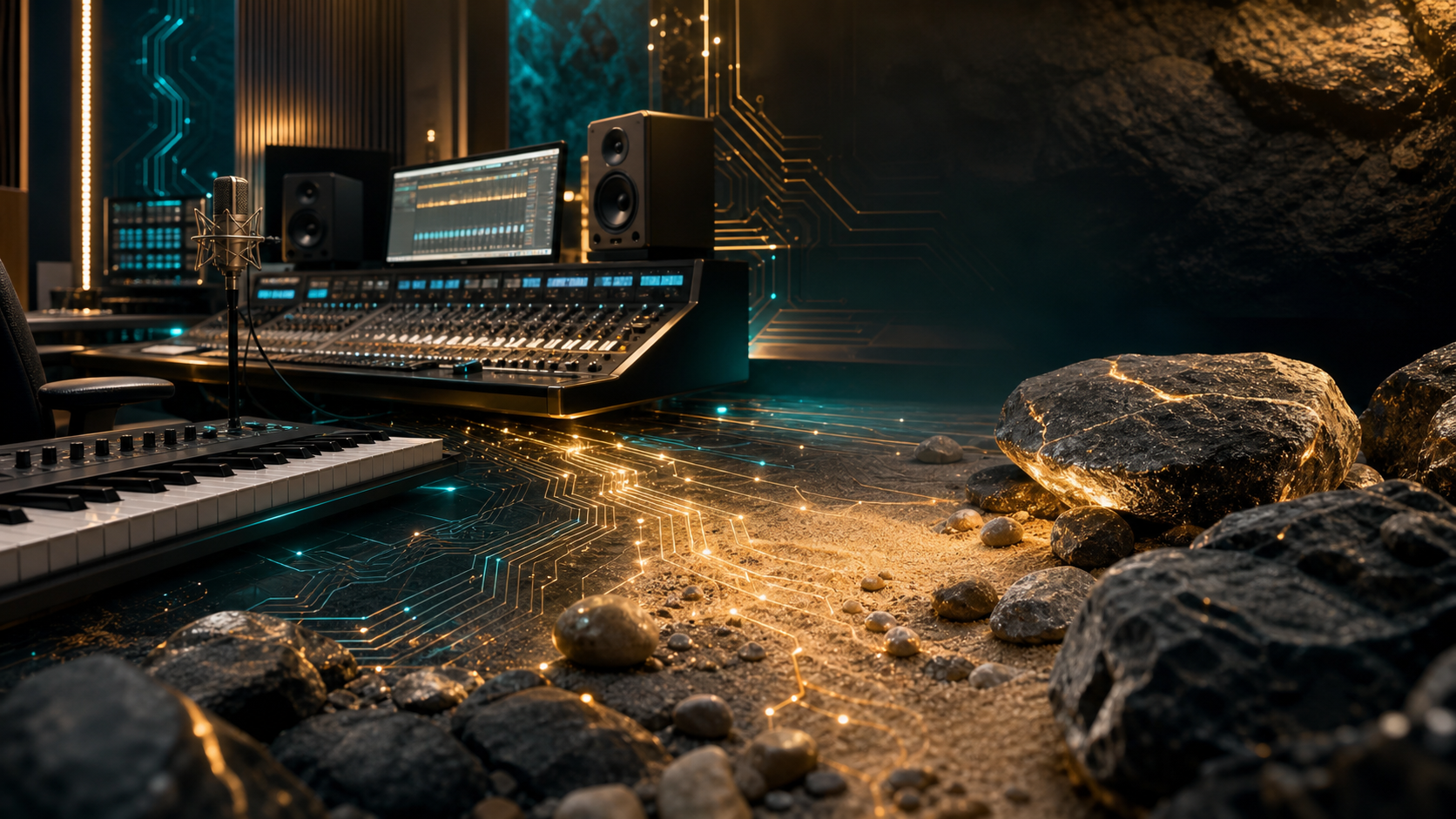 A cinematic music studio with stones, sand, glowing silicon traces, and production equipment.